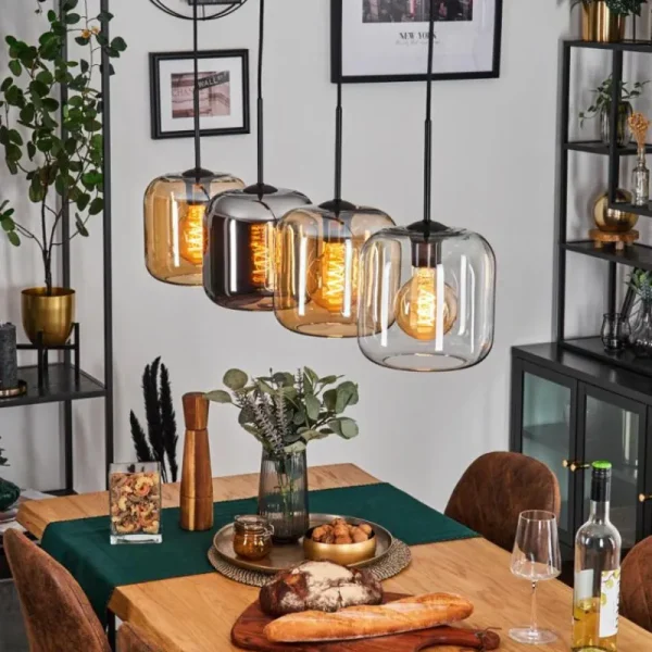 hofstein Lauden Suspension Ambre, Chrome, Clair, 4 lumières* Lampes En Verre