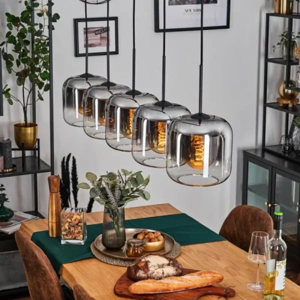 hofstein Lauden Suspension Noir, 5 lumières* Lampes En Verre