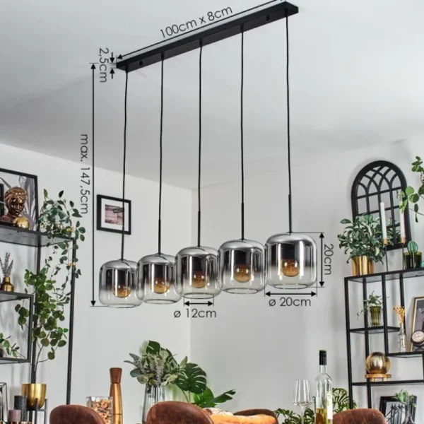 hofstein Lauden Suspension Noir, 5 lumières* Lampes En Verre