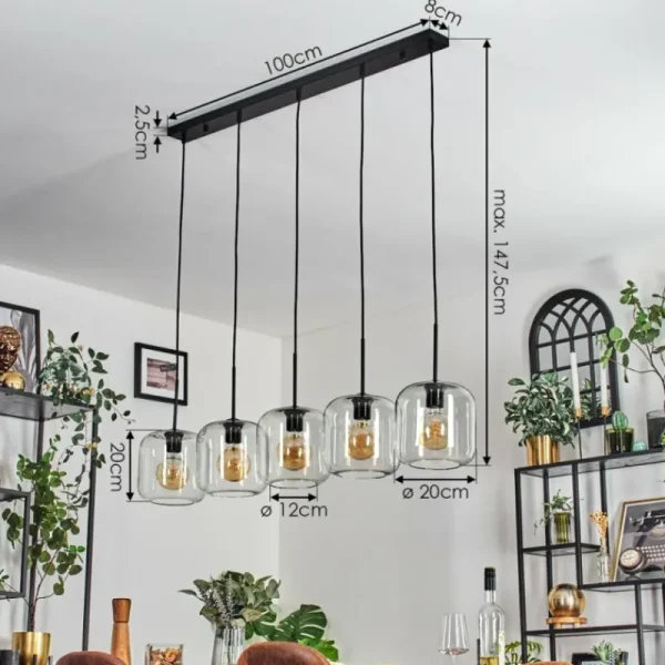 hofstein Lauden Suspension Noir, 5 lumières* Lampes En Verre