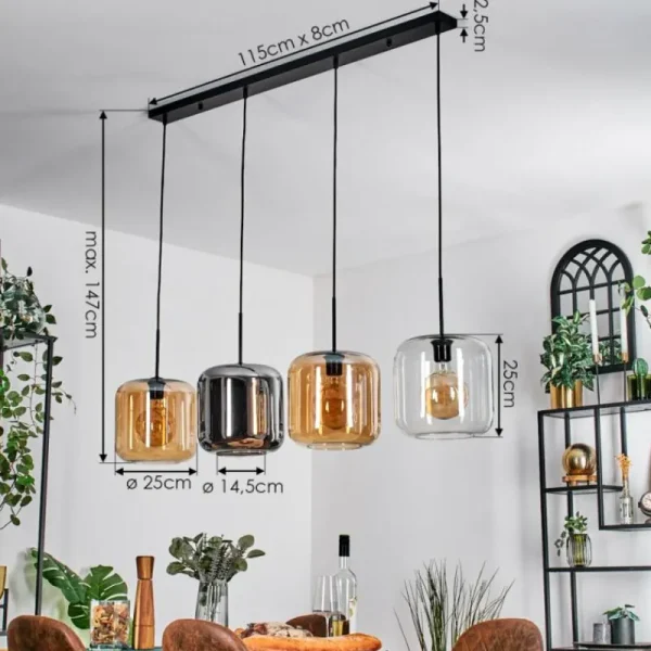 hofstein Lauden Suspension Noir, 4 lumières* Lampes En Verre