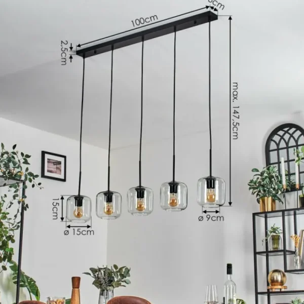 hofstein Lauden Suspension Noir, 5 lumières* Lampes En Verre