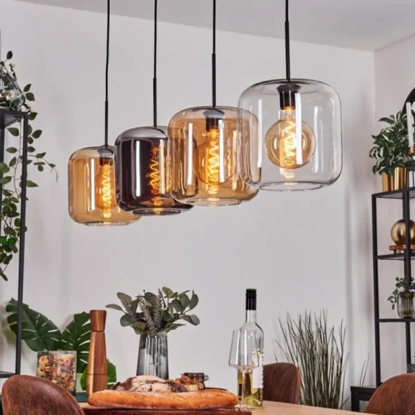 hofstein Lauden Suspension Noir, 4 lumières* Lampes En Verre