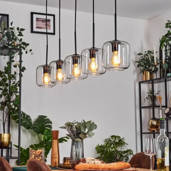 hofstein Lauden Suspension Noir, 5 lumières* Lampes En Verre