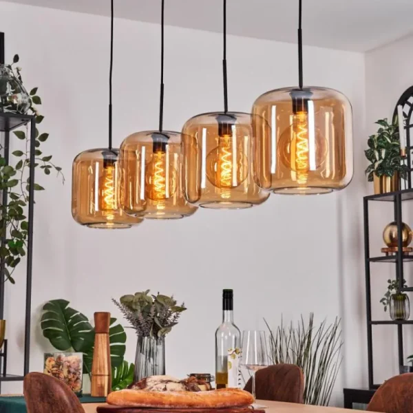 hofstein Lauden Suspension Noir, 4 lumières* Lampes En Verre