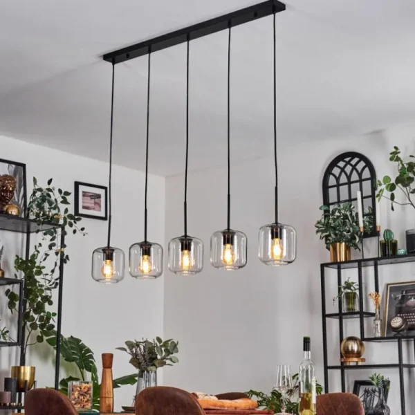 hofstein Lauden Suspension Noir, 5 lumières* Lampes En Verre