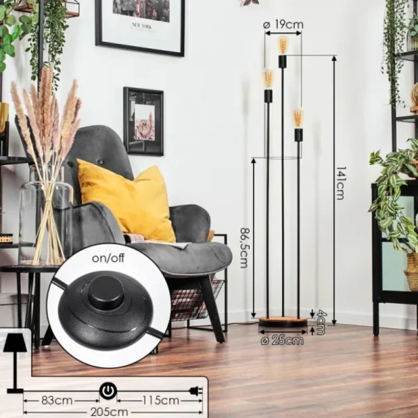 hofstein Limmingen Lampadaire Bois foncé, Noir, 3 lumières* Lampes Modernes