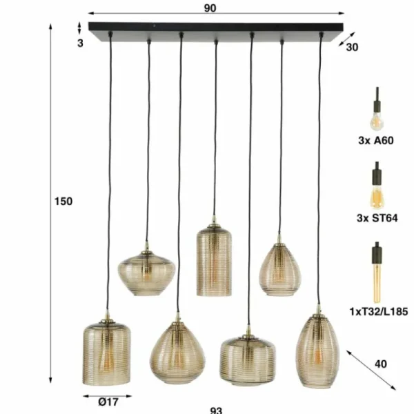 hofstein Pendelleuchte Suspension Anthracite, 7 lumières* Lampes En Verre