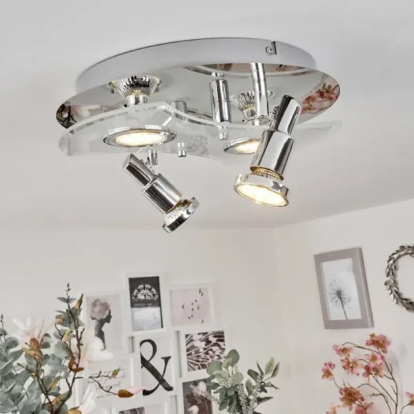 hofstein Plafonnier Morges LED Chrome, Blanc, 4 lumières* Lampes En Verre