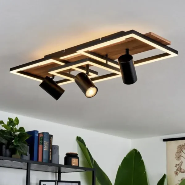 hofstein Plafonnier Sequeira LED Bois clair, Couleur bois, Noir, 4 lumières* Lampes Modernes