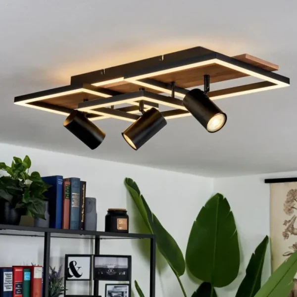 hofstein Plafonnier Sequeira LED Bois clair, Couleur bois, Noir, 4 lumières* Lampes Modernes