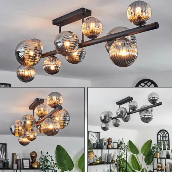 hofstein Plafonnier - Verre 10 cm, 12 cm, 15 cm Chehalis Fumé, 10 lumières* Lampes Modernes