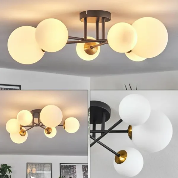 hofstein Plafonnier - Verre 10 cm, 12 cm, 15 cm Chehalis Or, Noir, 6 lumières* Lampes En Verre