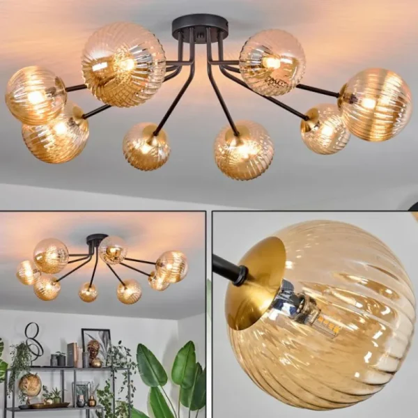 hofstein Plafonnier - Verre 12 cm, 15 cm Chehalis Or, Noir, 8 lumières* Lampes En Verre