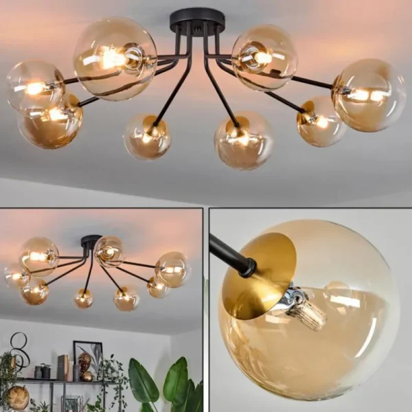 hofstein Plafonnier - Verre 12 cm, 15 cm Chehalis Or, Noir, 8 lumières* Lampes En Verre