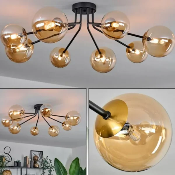 hofstein Plafonnier - Verre 12 cm, 15 cm Chehalis Or, Noir, 8 lumières* Lampes En Verre