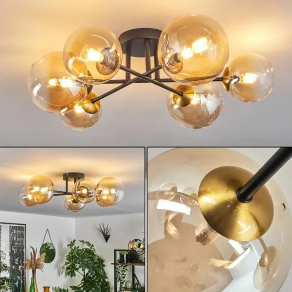 hofstein Plafonnier - Verre 12 cm, 15 cm Chehalis Or, Noir, 6 lumières* Lampes En Verre