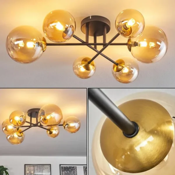hofstein Plafonnier - Verre 10 cm, 12 cm, 15 cm Chehalis Or, Noir, 6 lumières* Lampes En Verre