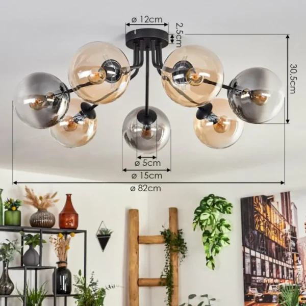hofstein Plafonnier - Verre 10 cm, 12 cm, 15 cm Gastor Ambre, Fumé, 7 lumières* Lampes Modernes