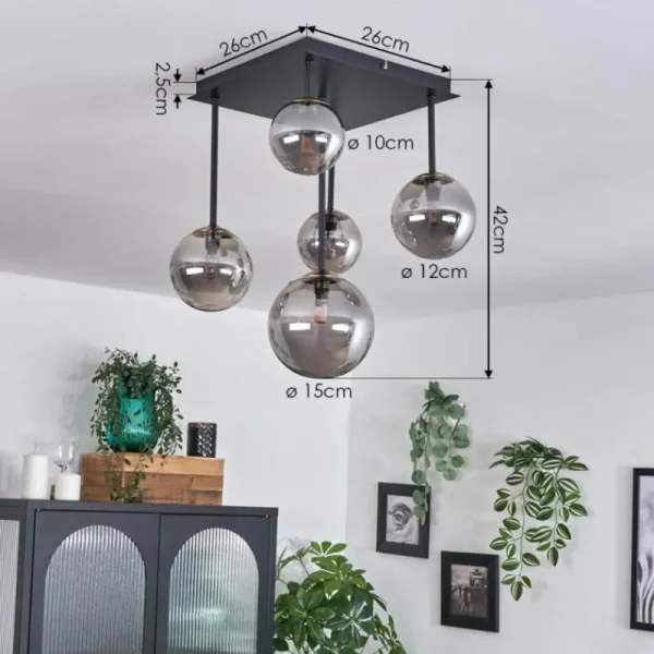 hofstein Plafonnier - Verre 10 cm, 12 cm, 15 cm Chehalis Fumé, 5 lumières* Lampes Modernes