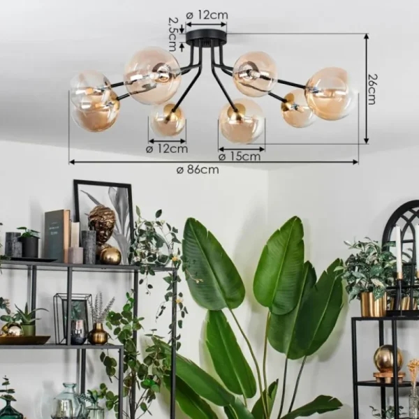 hofstein Plafonnier - Verre 12 cm, 15 cm Chehalis Or, Noir, 8 lumières* Lampes En Verre