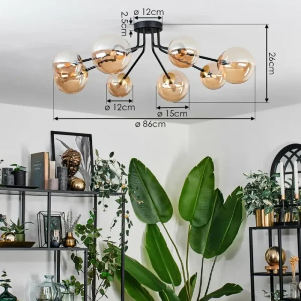 hofstein Plafonnier - Verre 12 cm, 15 cm Chehalis Or, Noir, 8 lumières* Lampes En Verre
