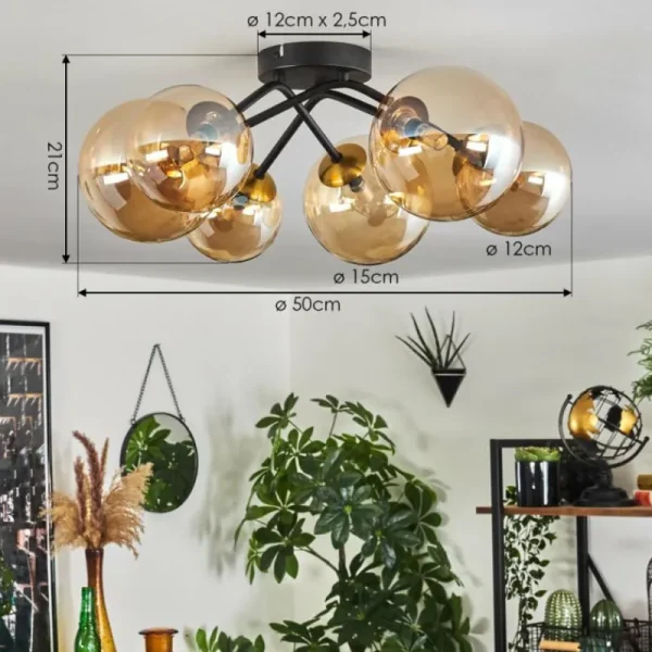 hofstein Plafonnier - Verre 12 cm, 15 cm Chehalis Or, Noir, 6 lumières* Lampes En Verre