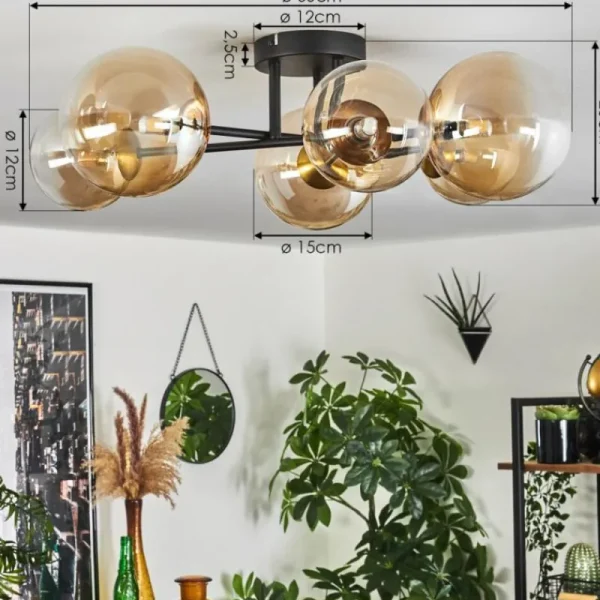 hofstein Plafonnier - Verre 12 cm, 15 cm Chehalis Or, Noir, 6 lumières* Lampes En Verre