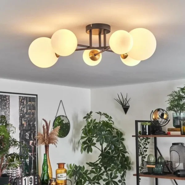 hofstein Plafonnier - Verre 10 cm, 12 cm, 15 cm Chehalis Or, Noir, 6 lumières* Lampes En Verre