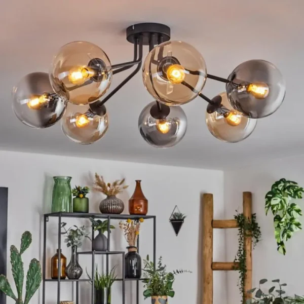 hofstein Plafonnier - Verre 10 cm, 12 cm, 15 cm Gastor Ambre, Fumé, 7 lumières* Lampes Modernes