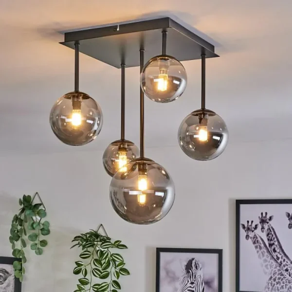 hofstein Plafonnier - Verre 10 cm, 12 cm, 15 cm Chehalis Fumé, 5 lumières* Lampes Modernes