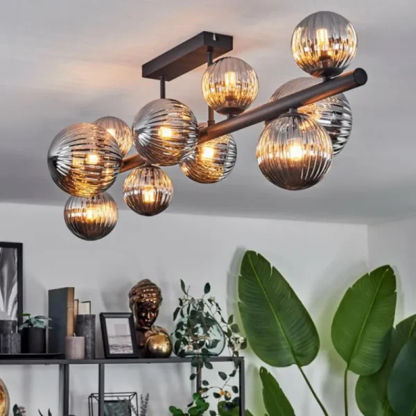 hofstein Plafonnier - Verre 10 cm, 12 cm, 15 cm Chehalis Fumé, 10 lumières* Lampes Modernes