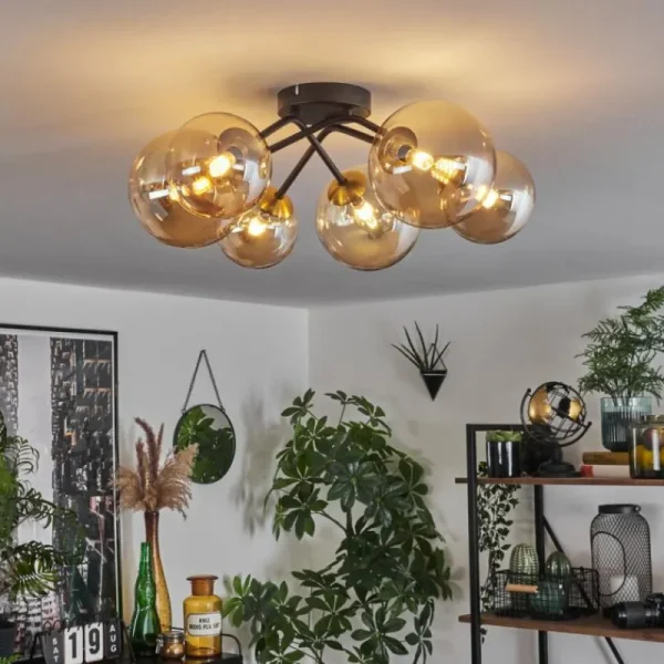 hofstein Plafonnier - Verre 12 cm, 15 cm Chehalis Or, Noir, 6 lumières* Lampes En Verre