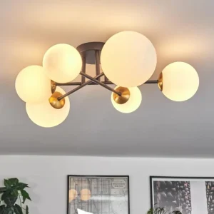 hofstein Plafonnier - Verre 10 cm, 12 cm, 15 cm Chehalis Or, Noir, 6 lumières* Lampes En Verre