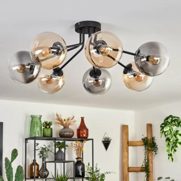 hofstein Plafonnier - Verre 10 cm, 12 cm, 15 cm Gastor Ambre, Fumé, 7 lumières* Lampes Modernes