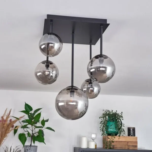 hofstein Plafonnier - Verre 10 cm, 12 cm, 15 cm Chehalis Fumé, 5 lumières* Lampes Modernes