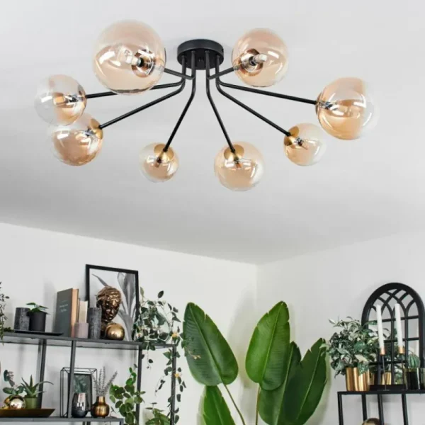 hofstein Plafonnier - Verre 12 cm, 15 cm Chehalis Or, Noir, 8 lumières* Lampes En Verre