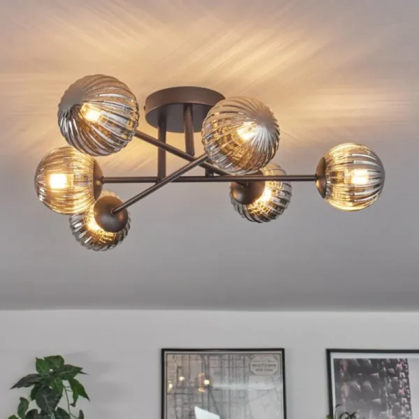 hofstein Plafonnier - Verre 10 cm Chehalis Fumé, 6 lumières* Lampes Modernes