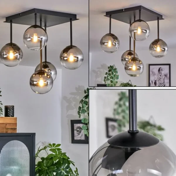 hofstein Plafonnier - Verre Chehalis Clair, Fumé, 5 lumières* Lampes Modernes
