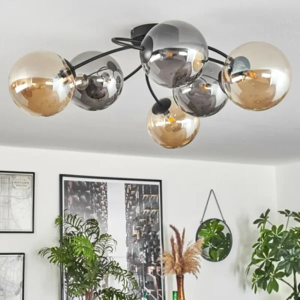 hofstein Plafonnier - Verre Chehalis Ambre, Fumé, 6 lumières* Lampes Modernes