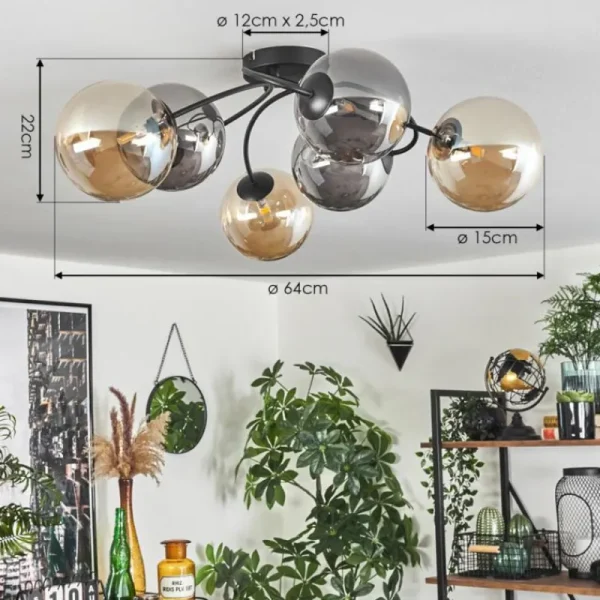 hofstein Plafonnier - Verre Chehalis Ambre, Fumé, 6 lumières* Lampes Modernes