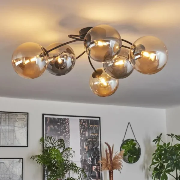 hofstein Plafonnier - Verre Chehalis Ambre, Fumé, 6 lumières* Lampes Modernes