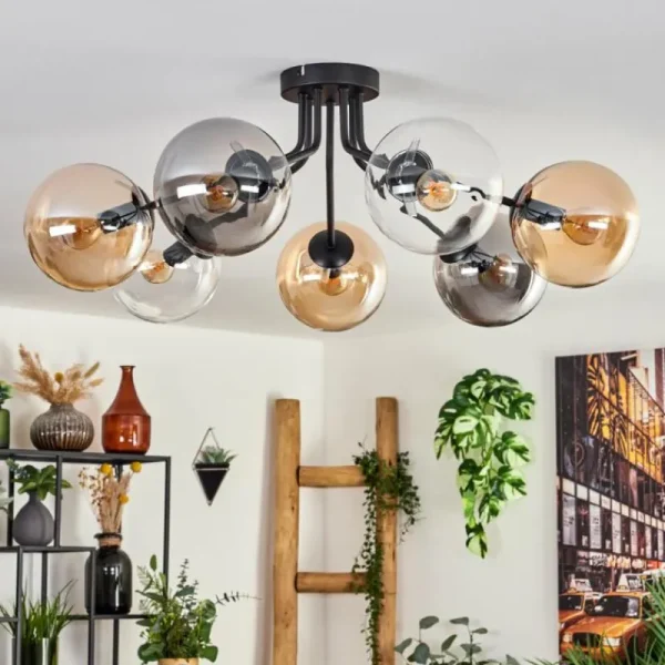 hofstein Plafonnier - Verre Gastor Ambre, Clair, Fumé, 7 lumières* Lampes Modernes