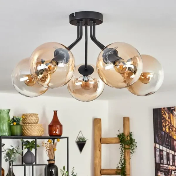 hofstein Plafonnier - Verre Gastor Ambre, Clair, 5 lumières* Lampes En Verre