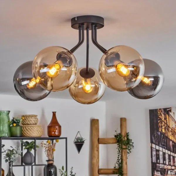 hofstein Plafonnier - Verre Gastor Ambre, Fumé, 5 lumières* Lampes Modernes