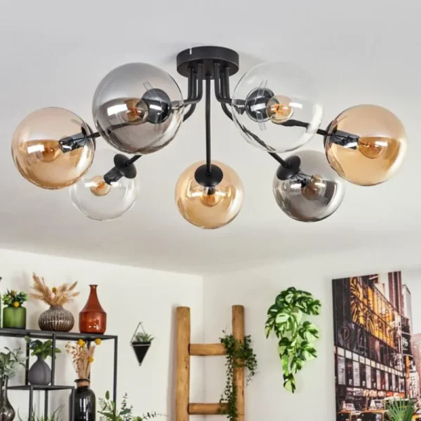 hofstein Plafonnier - Verre Gastor Ambre, Clair, Fumé, 7 lumières* Lampes Modernes