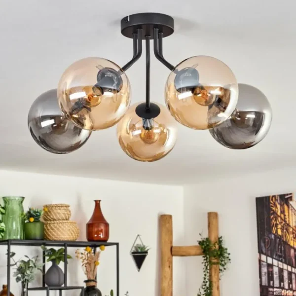 hofstein Plafonnier - Verre Gastor Ambre, Fumé, 5 lumières* Lampes Modernes