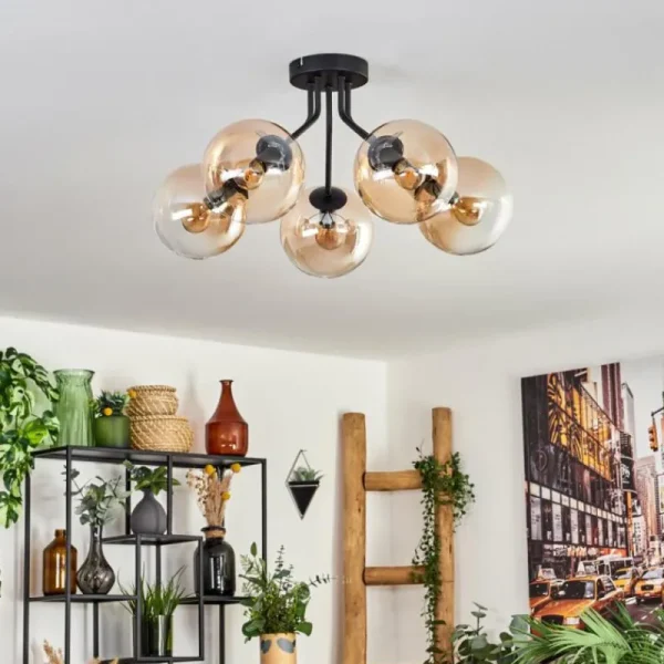 hofstein Plafonnier - Verre Gastor Ambre, Clair, 5 lumières* Lampes En Verre