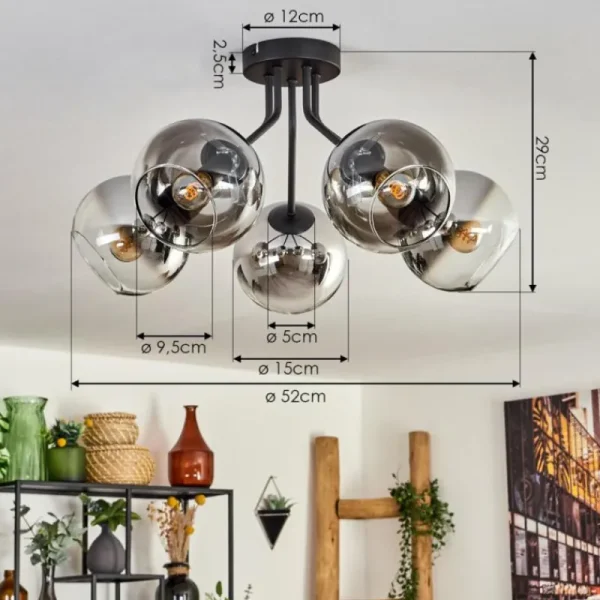 hofstein Plafonnier - Verre Koyoto Chrome, Clair, Fumé, 5 lumières* Lampes Modernes