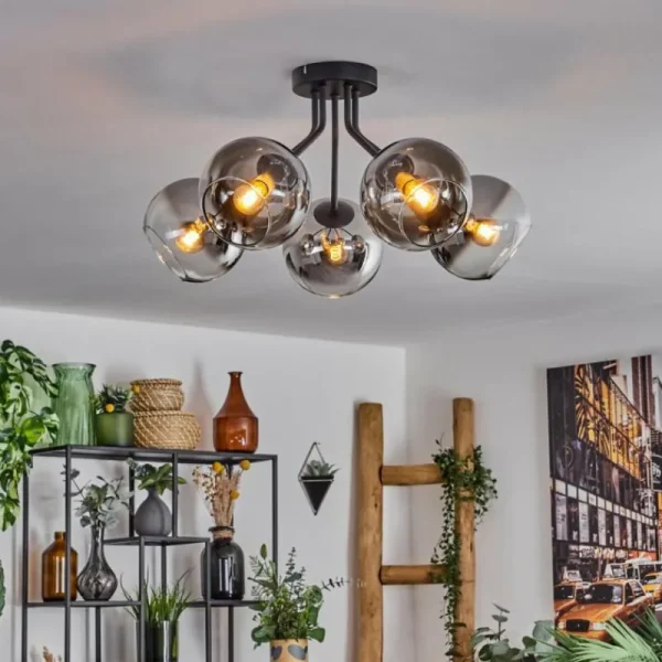 hofstein Plafonnier - Verre Koyoto Chrome, Clair, Fumé, 5 lumières* Lampes Modernes